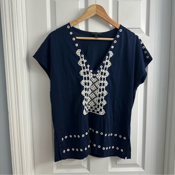J. Crew Blouse Embroidered Navy White Beach Cotton Casual Summer Size Small - Picture 3 of 8